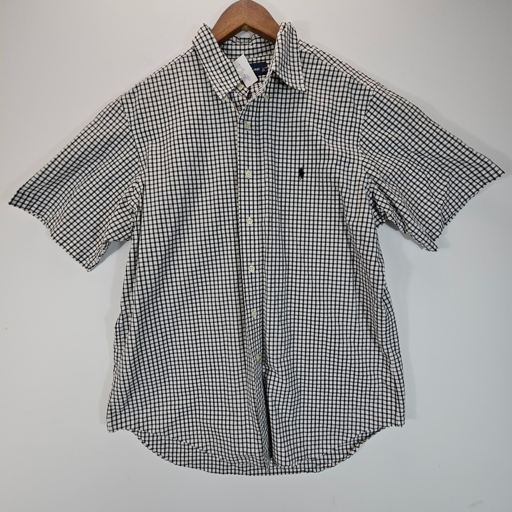 Vintage Polo Ralph Lauren Mens L Black White Gingham Plaid Short Sleeve Shirt